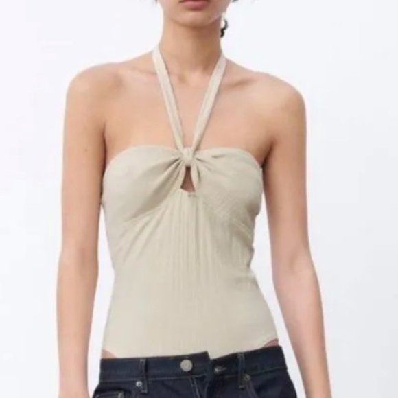 NWT ZARA Beige Ribbed Halter Neck Bodysuit US Large - Picture 1 of 6